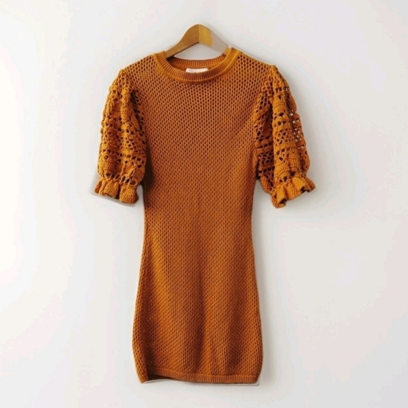 Bennettex Womens Small Boho Crochet Knit Puff Sleeve Cottagecore Farmhouse Dress - Picture 1 of 11